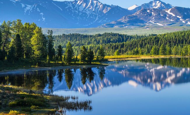 mountain range, trees, and forest wilderness reflecting on a calm lake