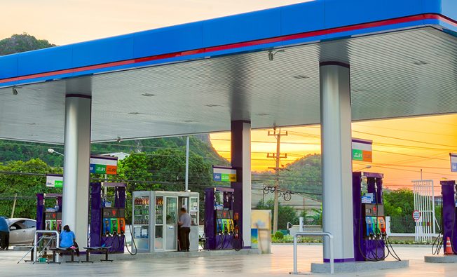 Gas station at sunset.